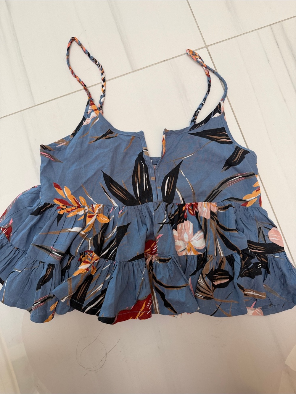 Patrons of Peace Blue Floral Ruffled Spaghetti-Strap Cami